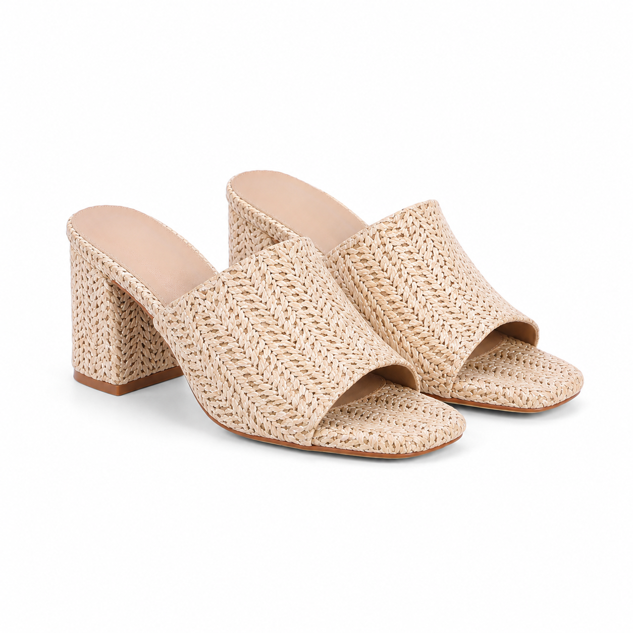 Beige Straw Women's Open-Toe Square-Heel Straw Slip-On Sandals