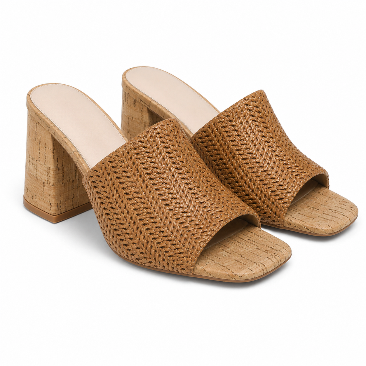 Brown Straw 3 Women's Open-Toe Square-Heel Straw Slip-On Sandals