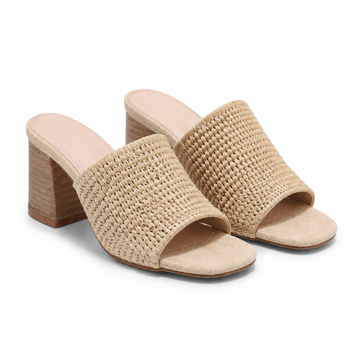 Brown Straw 2 Women's Open-Toe Square-Heel Straw Slip-On Sandals