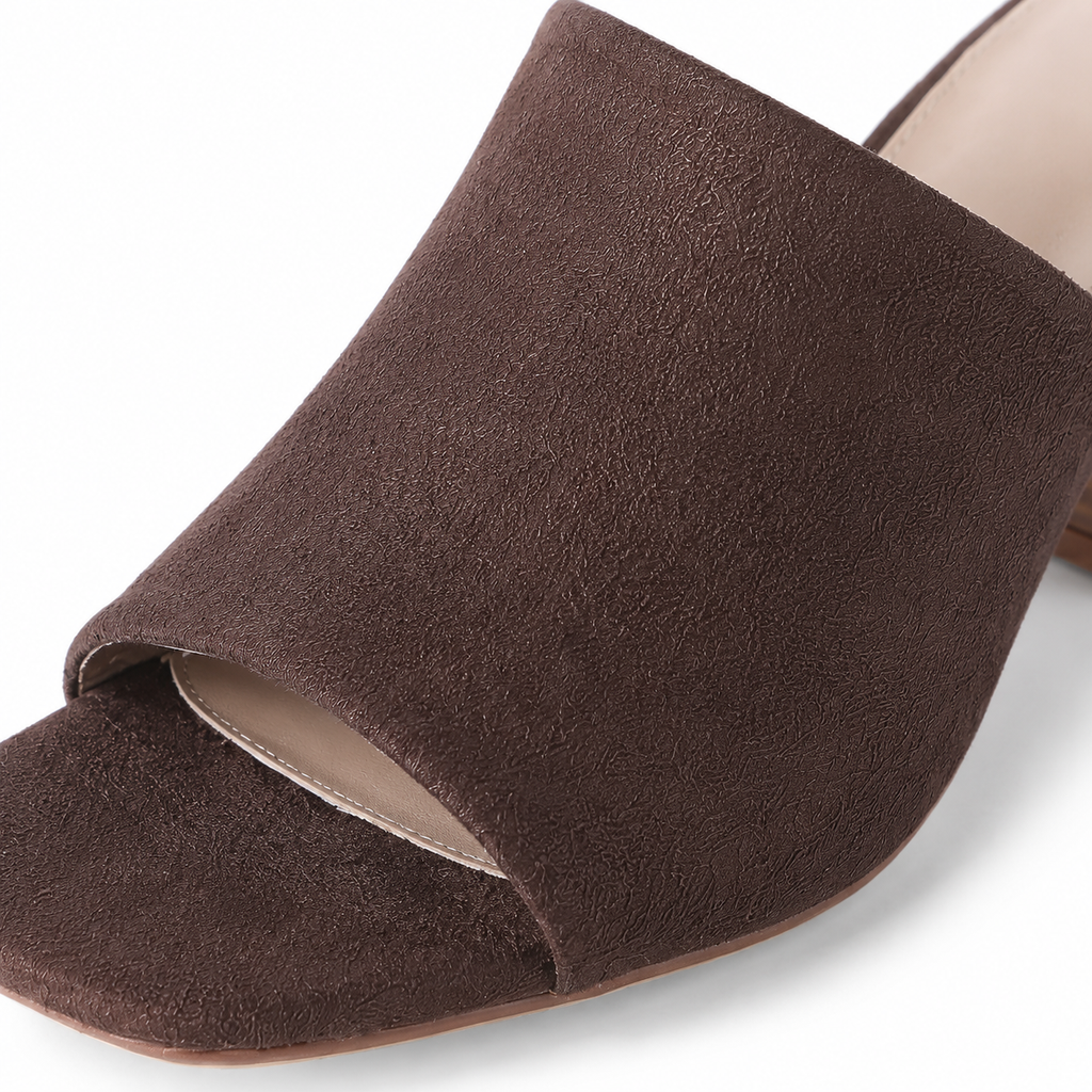 Brown Suede Women's Open-Toe Square-Heel Straw Slip-On Sandals close-up detail