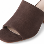 Brown Suede Women's Open-Toe Square-Heel Straw Slip-On Sandals close-up detail
