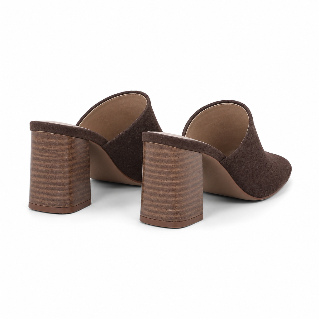 Brown Suede Women's Open-Toe Square-Heel Straw Slip-On Sandals heel detail