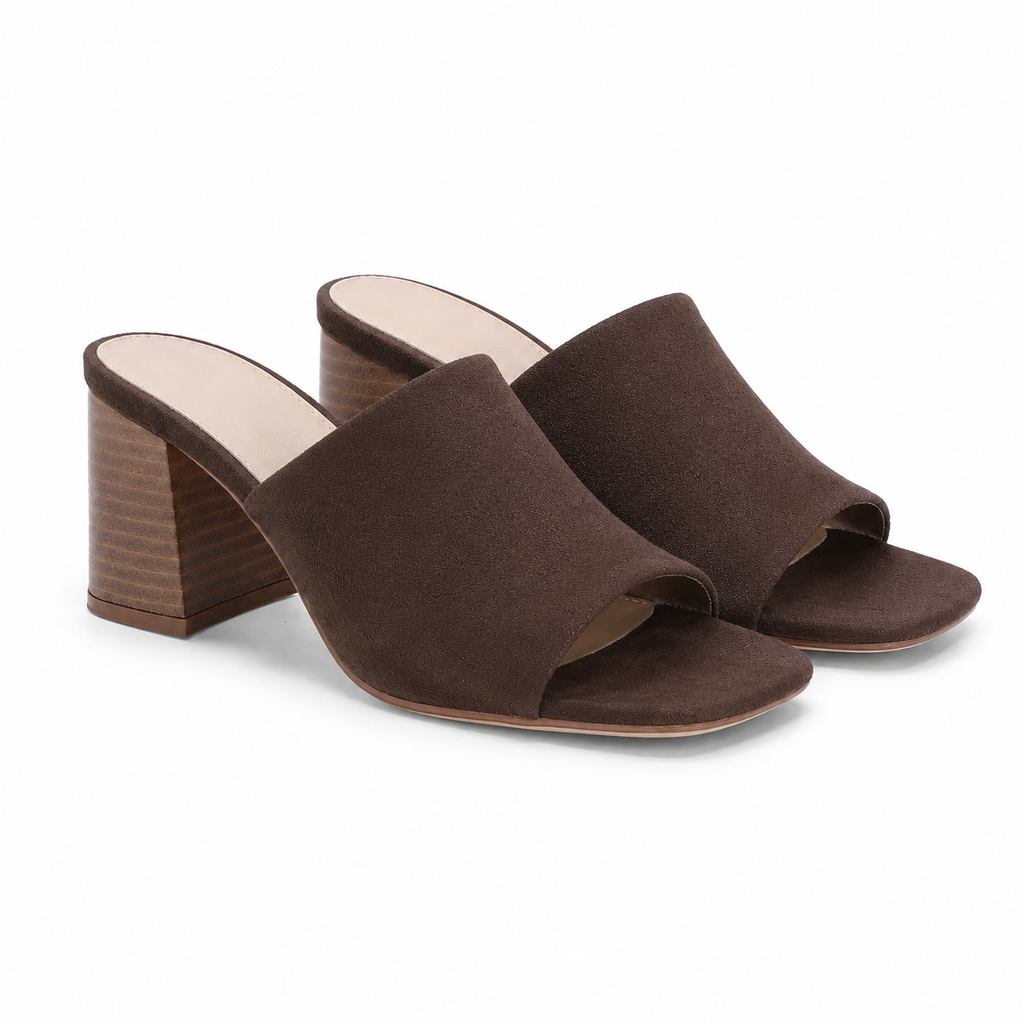 Brown Suede Women's Open-Toe Square-Heel Straw Slip-On Sandals