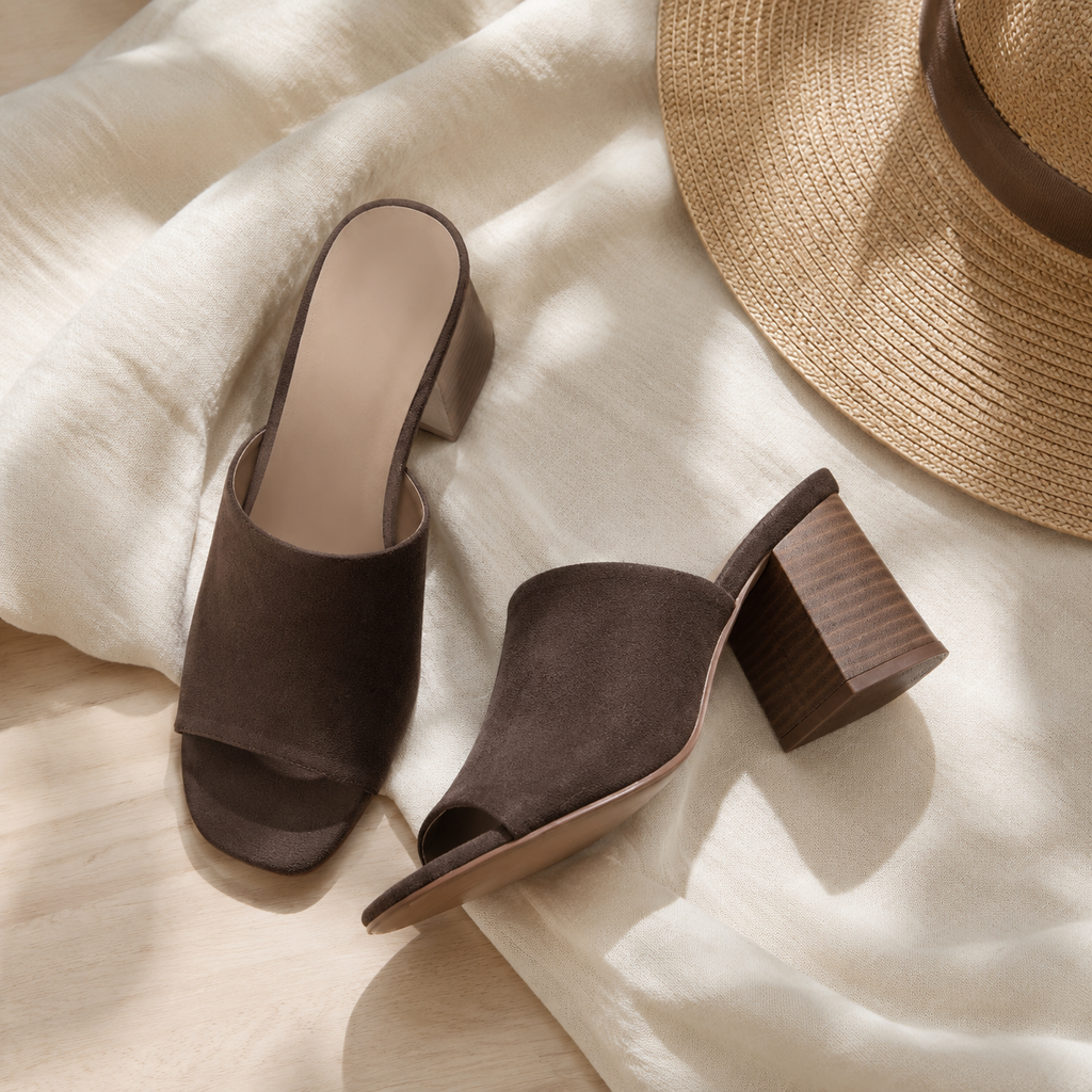 Brown Suede Women's Open-Toe Square-Heel Straw Slip-On Sandals styled scene