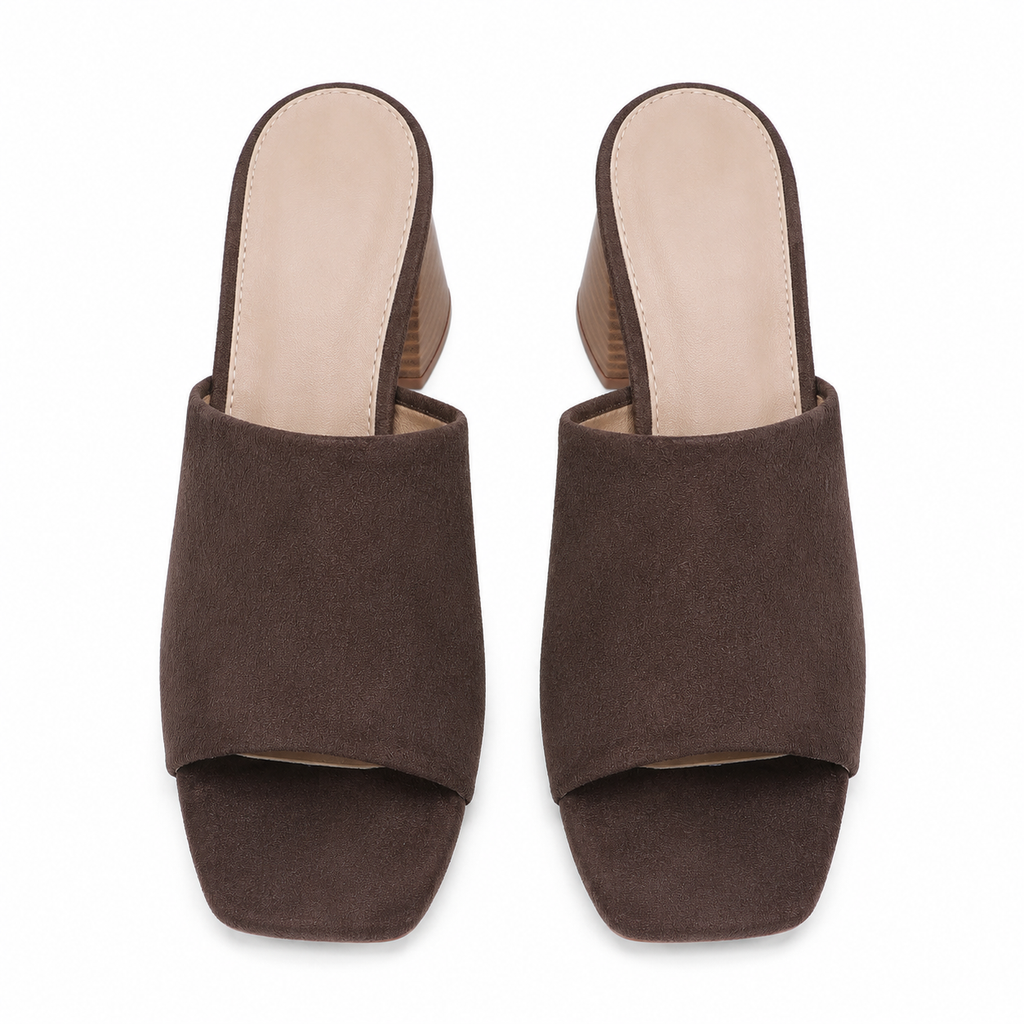 Brown Suede Women's Open-Toe Square-Heel Straw Slip-On Sandals top view