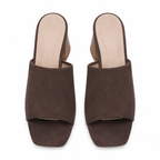 Brown Suede Women's Open-Toe Square-Heel Straw Slip-On Sandals top view