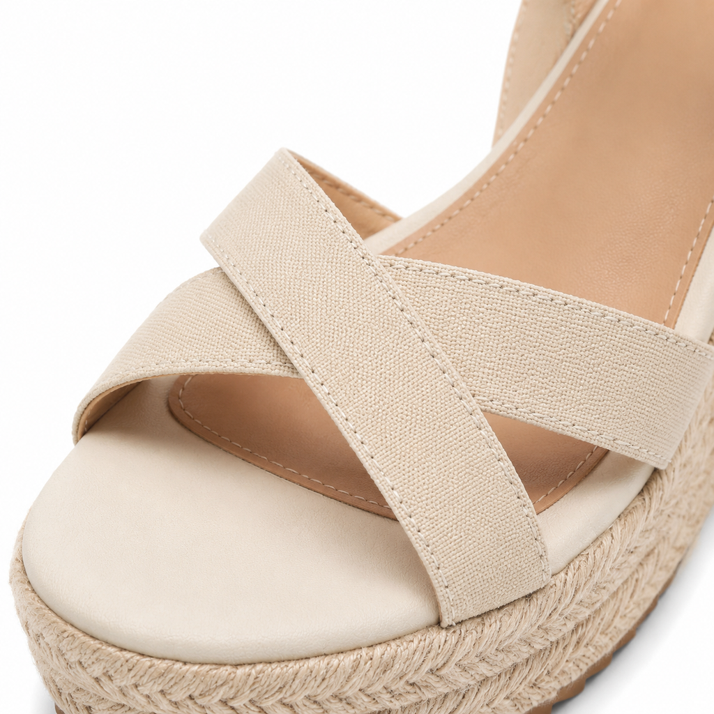 Soft Apricot Women's Open-Toe Wedge Stretch Fabric Criss-Cross Sandals close-up detail