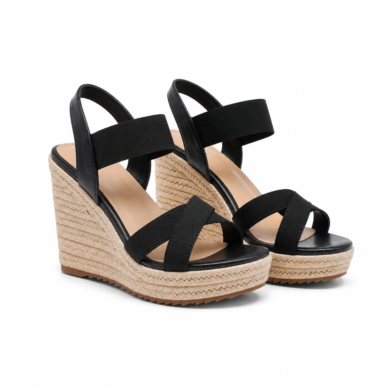 Deep Black Women's Open-Toe Wedge Stretch Fabric Criss-Cross Sandals