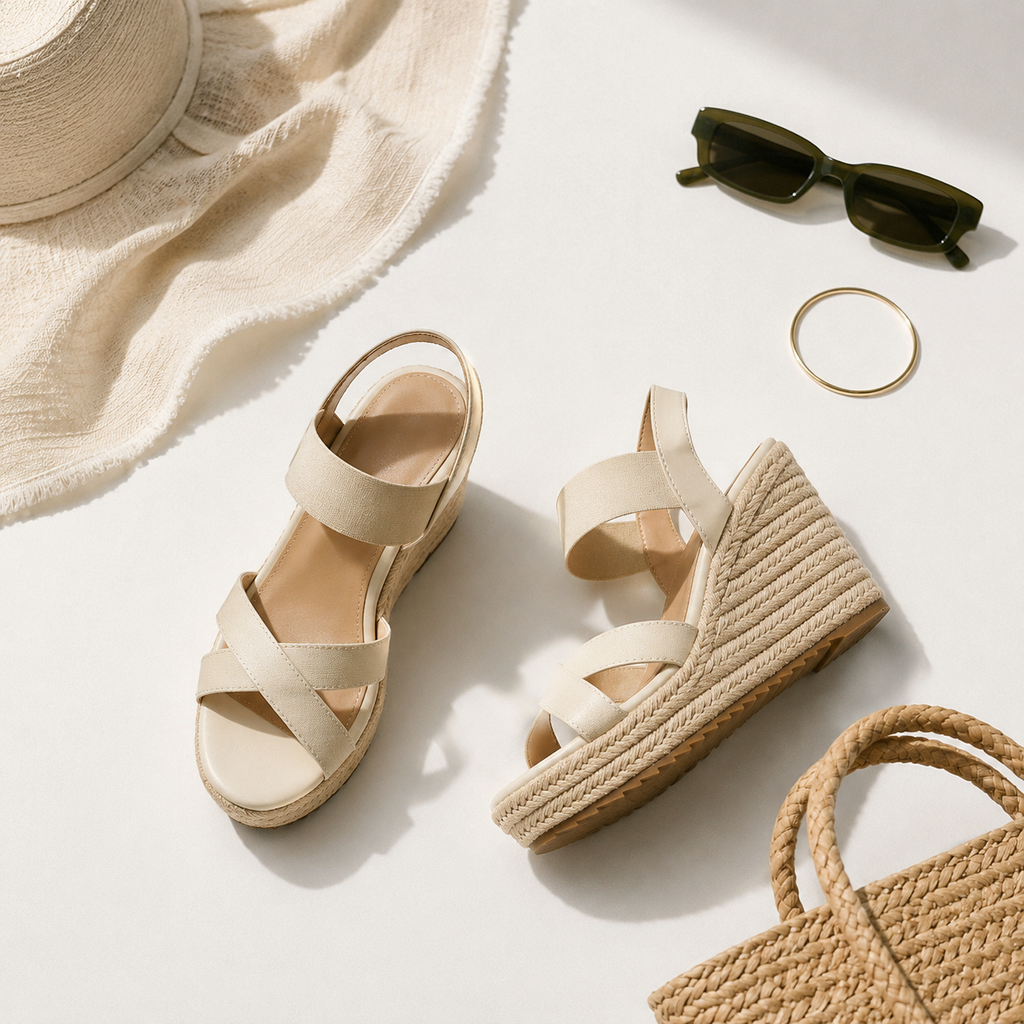 Soft Apricot Women's Open-Toe Wedge Stretch Fabric Criss-Cross Sandals styled scene