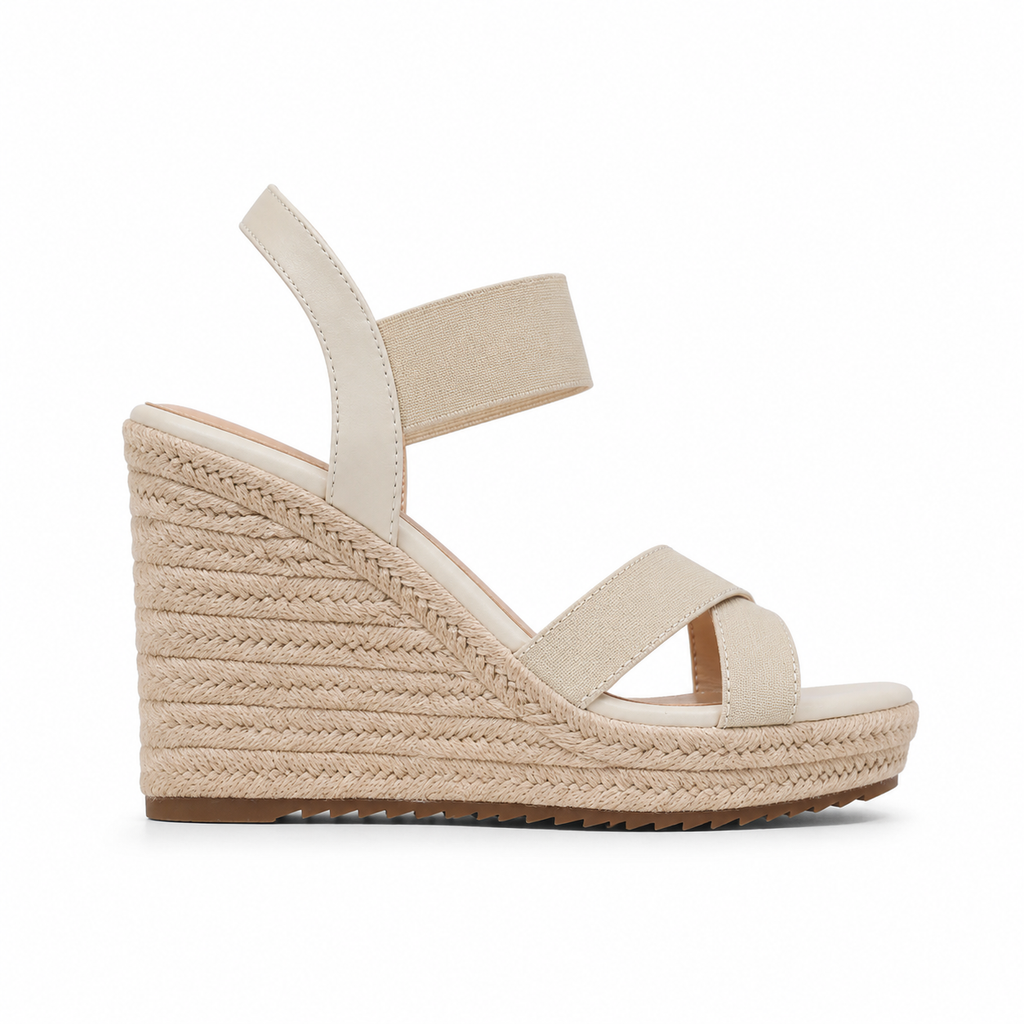 Soft Apricot Women's Open-Toe Wedge Stretch Fabric Criss-Cross Sandals side view