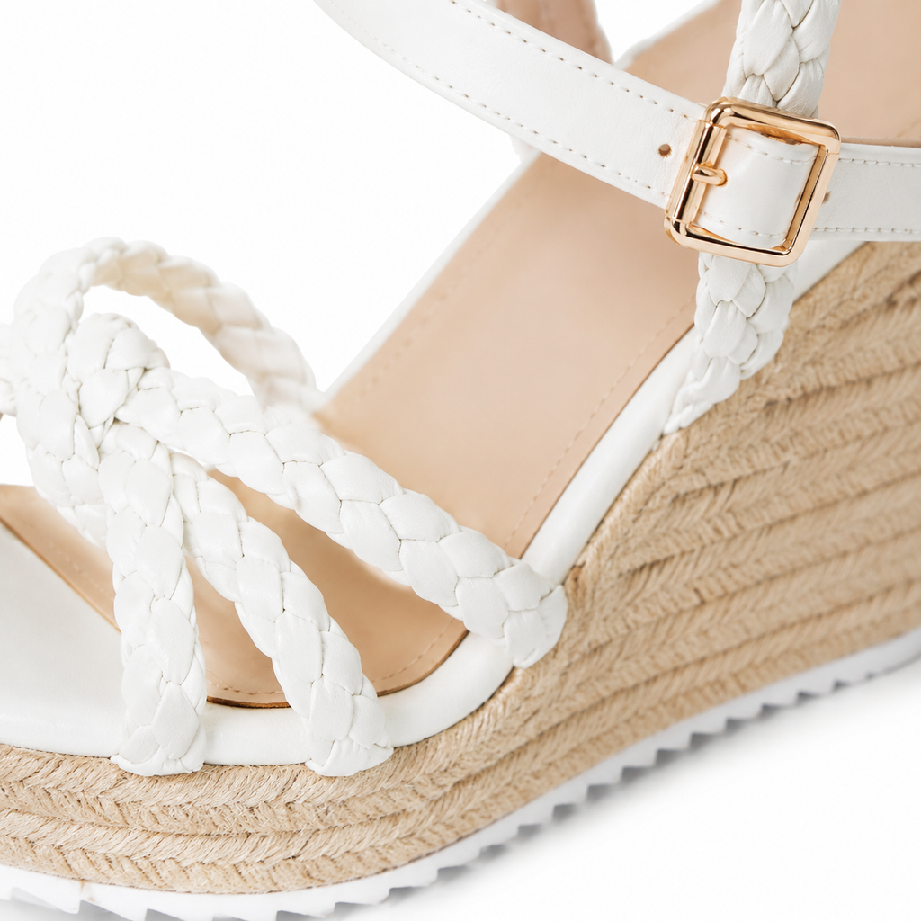 Cream Ivory Women's Open-Toe Platform-Wedge Buckle Multi-Strap Sandals close-up detail