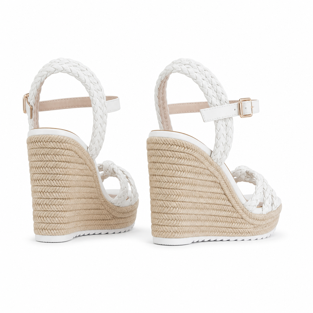 Cream Ivory Women's Open-Toe Platform-Wedge Buckle Multi-Strap Sandals heel detail
