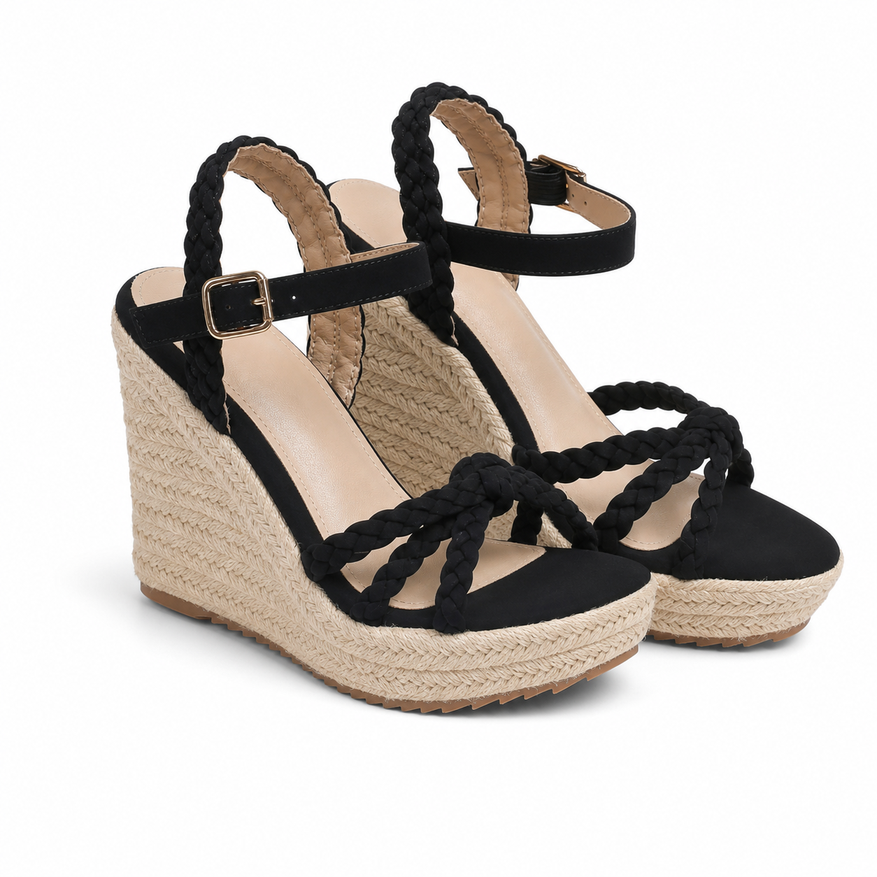 Deep Black Women's Open-Toe Platform-Wedge Buckle Multi-Strap Sandals