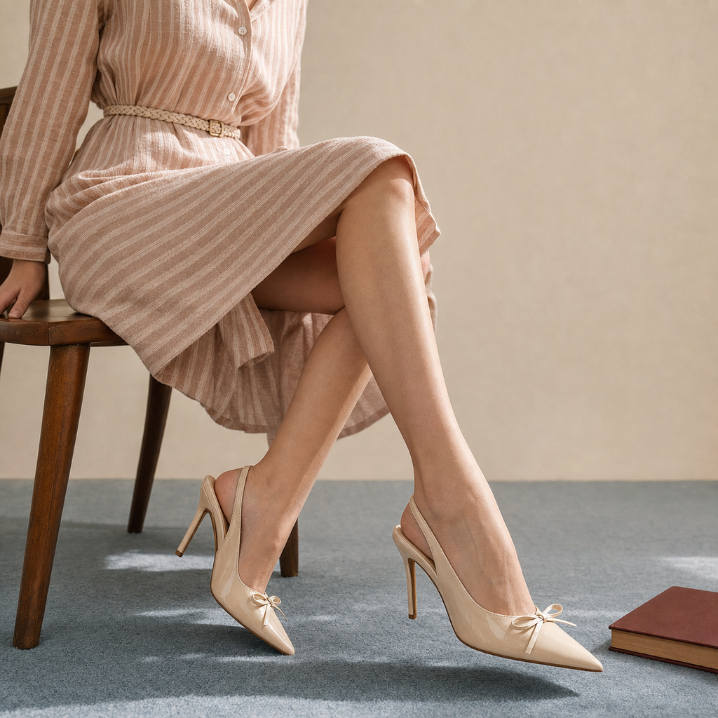 Soft Apricot Women's Pointed-Toe Stiletto Faux-Leather Slingback Pumps on-foot view