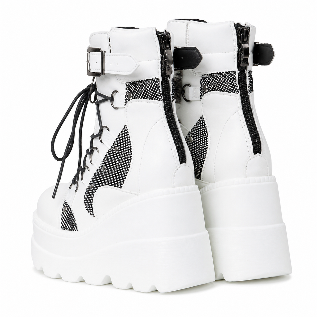 Cream Ivory Women's Round-Toe Platform-Wedge Faux Leather Lace-Up Ankle Boots close-up detail