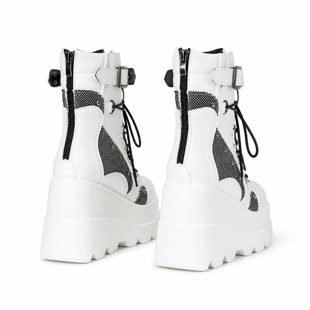 Cream Ivory Women's Round-Toe Platform-Wedge Faux Leather Lace-Up Ankle Boots heel detail