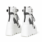 Cream Ivory Women's Round-Toe Platform-Wedge Faux Leather Lace-Up Ankle Boots heel detail