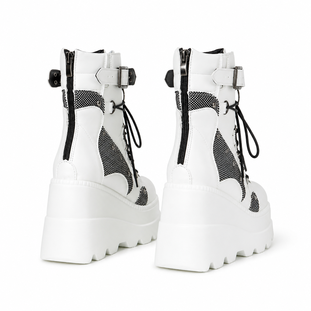Cream Ivory Women's Round-Toe Platform-Wedge Faux Leather Lace-Up Ankle Boots heel detail