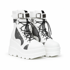 Cream Ivory Women's Round-Toe Platform-Wedge Faux Leather Lace-Up Ankle Boots
