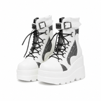 Cream Ivory Women's Round-Toe Platform-Wedge Faux Leather Lace-Up Ankle Boots