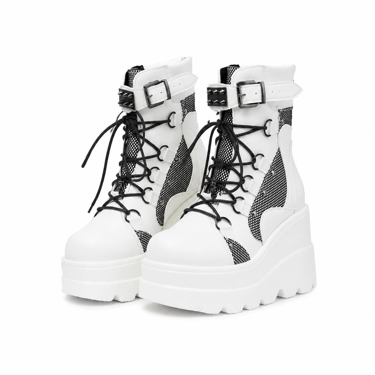 Cream Ivory Women's Round-Toe Platform-Wedge Faux Leather Lace-Up Ankle Boots