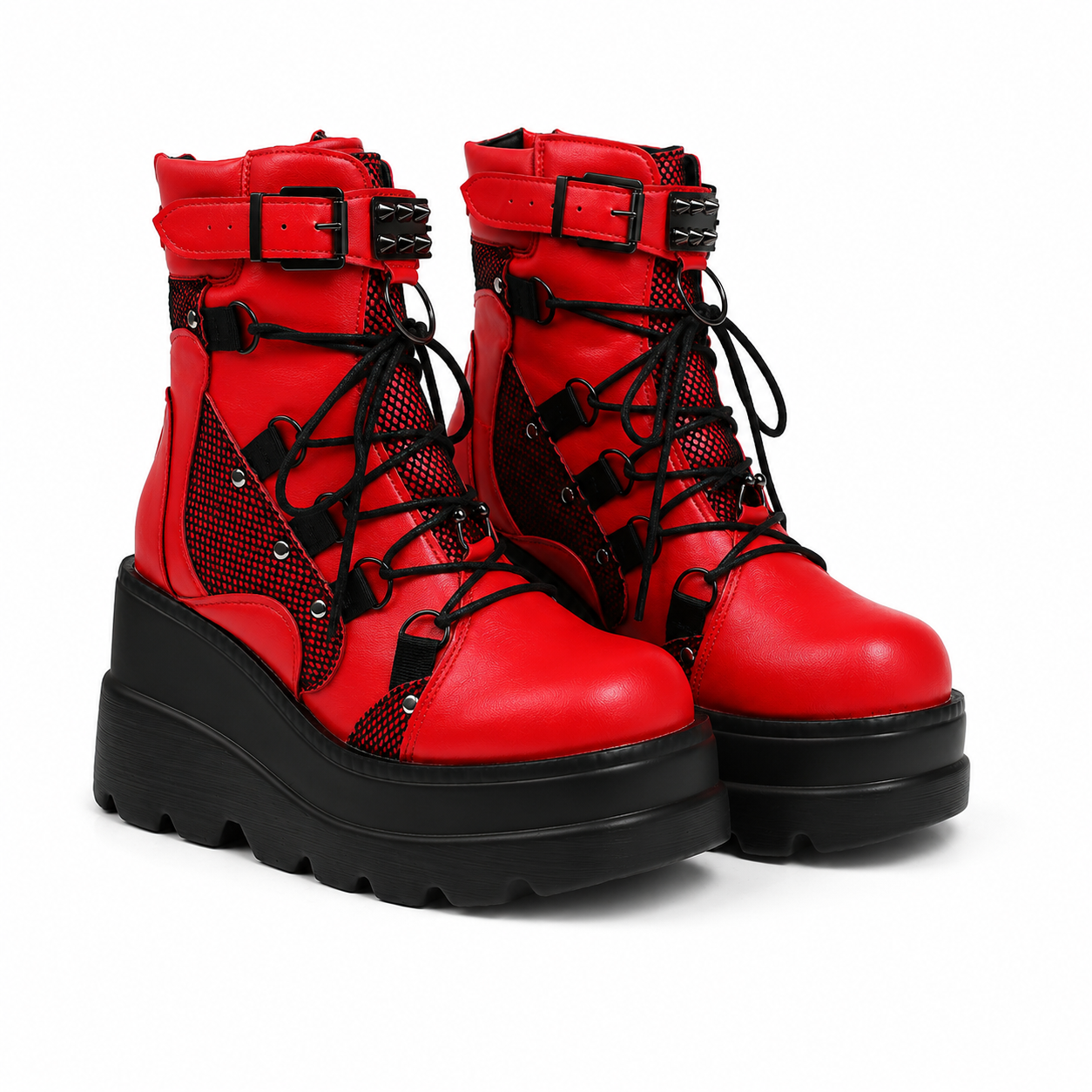 Deep Red Women's Round-Toe Platform-Wedge Faux Leather Lace-Up Ankle Boots