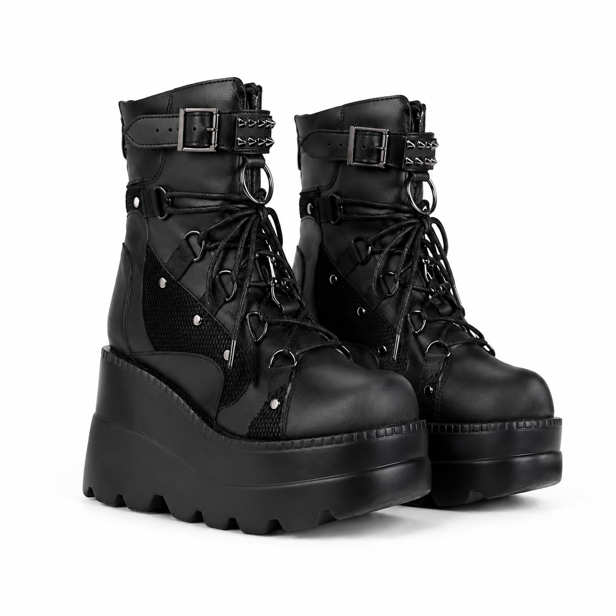 Deep Black Women's Round-Toe Platform-Wedge Faux Leather Lace-Up Ankle Boots