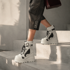 Cream Ivory Women's Round-Toe Platform-Wedge Faux Leather Lace-Up Ankle Boots on-foot view