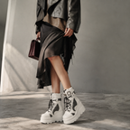 Cream Ivory Women's Round-Toe Platform-Wedge Faux Leather Lace-Up Ankle Boots lifestyle scene