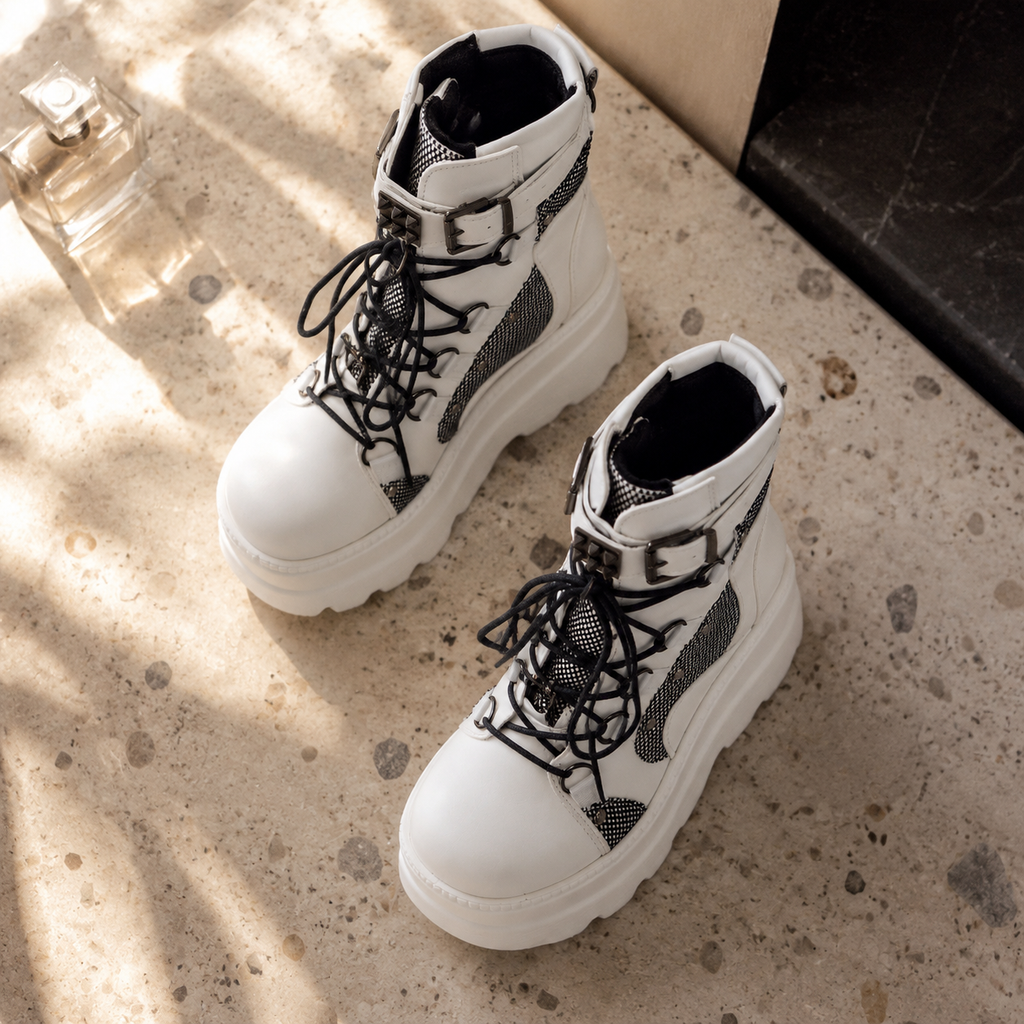 Cream Ivory Women's Round-Toe Platform-Wedge Faux Leather Lace-Up Ankle Boots styled scene