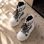Cream Ivory Women's Round-Toe Platform-Wedge Faux Leather Lace-Up Ankle Boots styled scene