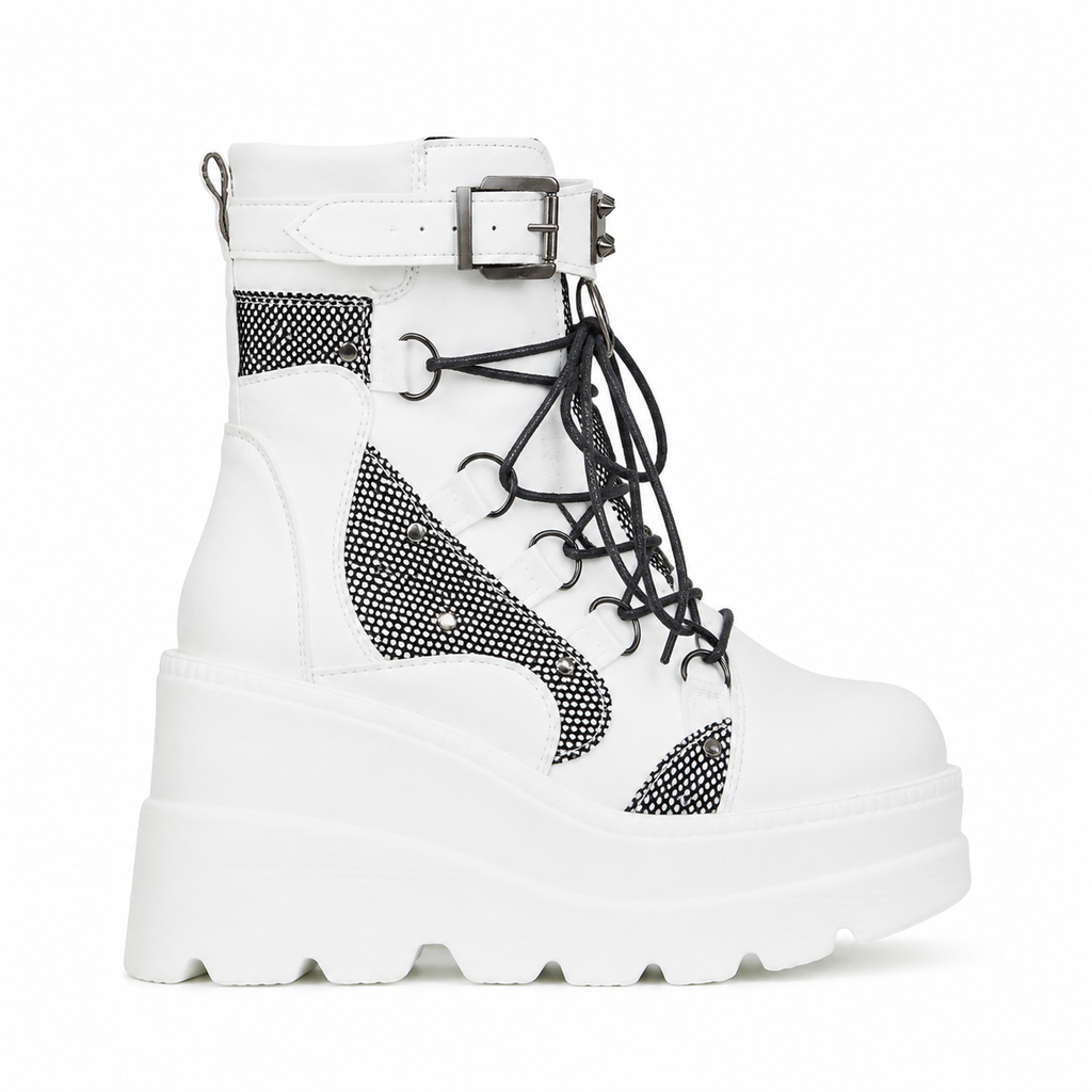 Cream Ivory Women's Round-Toe Platform-Wedge Faux Leather Lace-Up Ankle Boots side view
