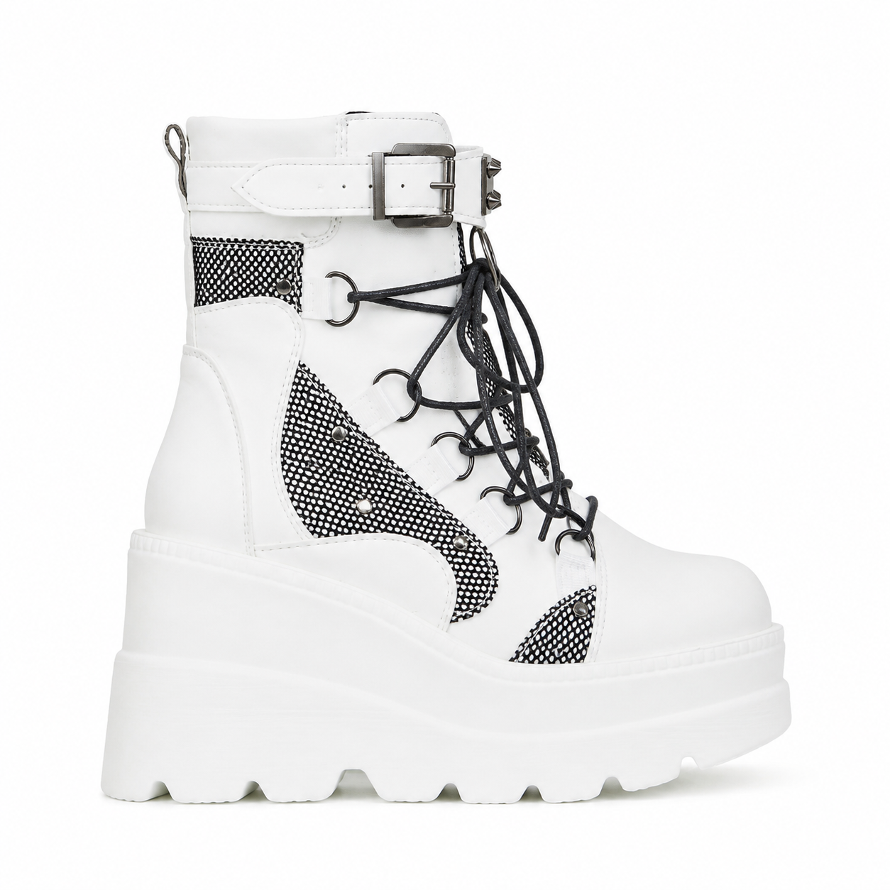 Cream Ivory Women's Round-Toe Platform-Wedge Faux Leather Lace-Up Ankle Boots side view