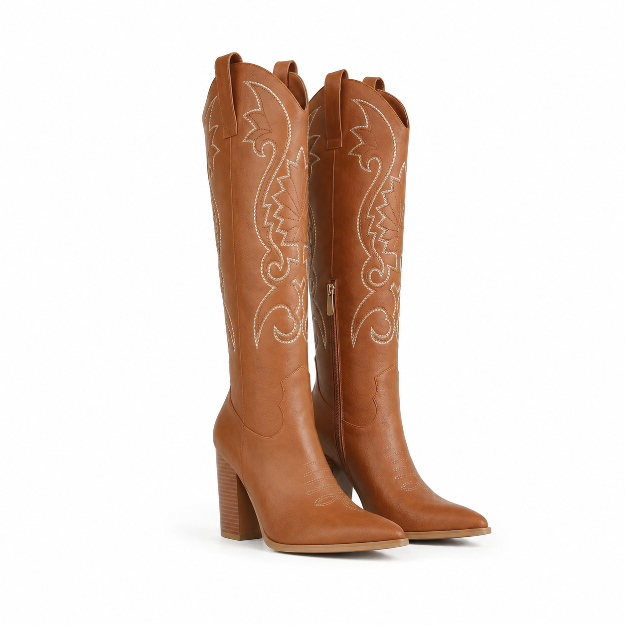 Rich Brown Women's Pointed-Toe Square-Heel Faux Leather Knee-High Western Boots