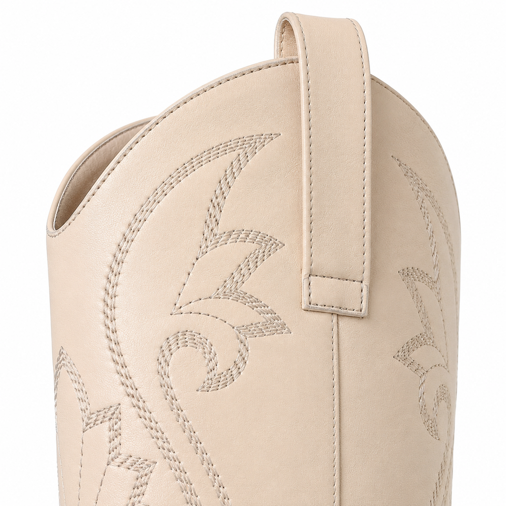 Cream Ivory Women's Pointed-Toe Square-Heel Faux Leather Knee-High Western Boots close-up detail