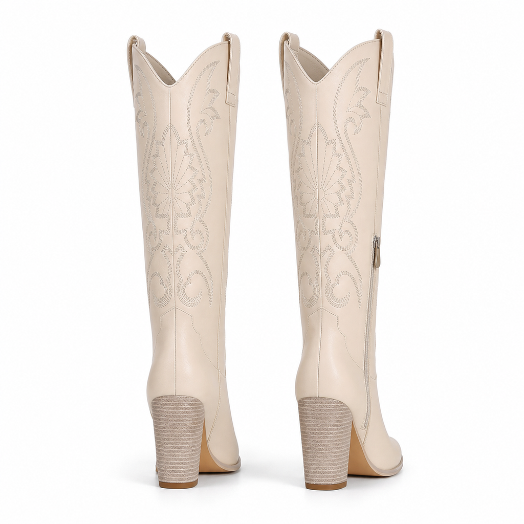 Cream Ivory Women's Pointed-Toe Square-Heel Faux Leather Knee-High Western Boots heel detail