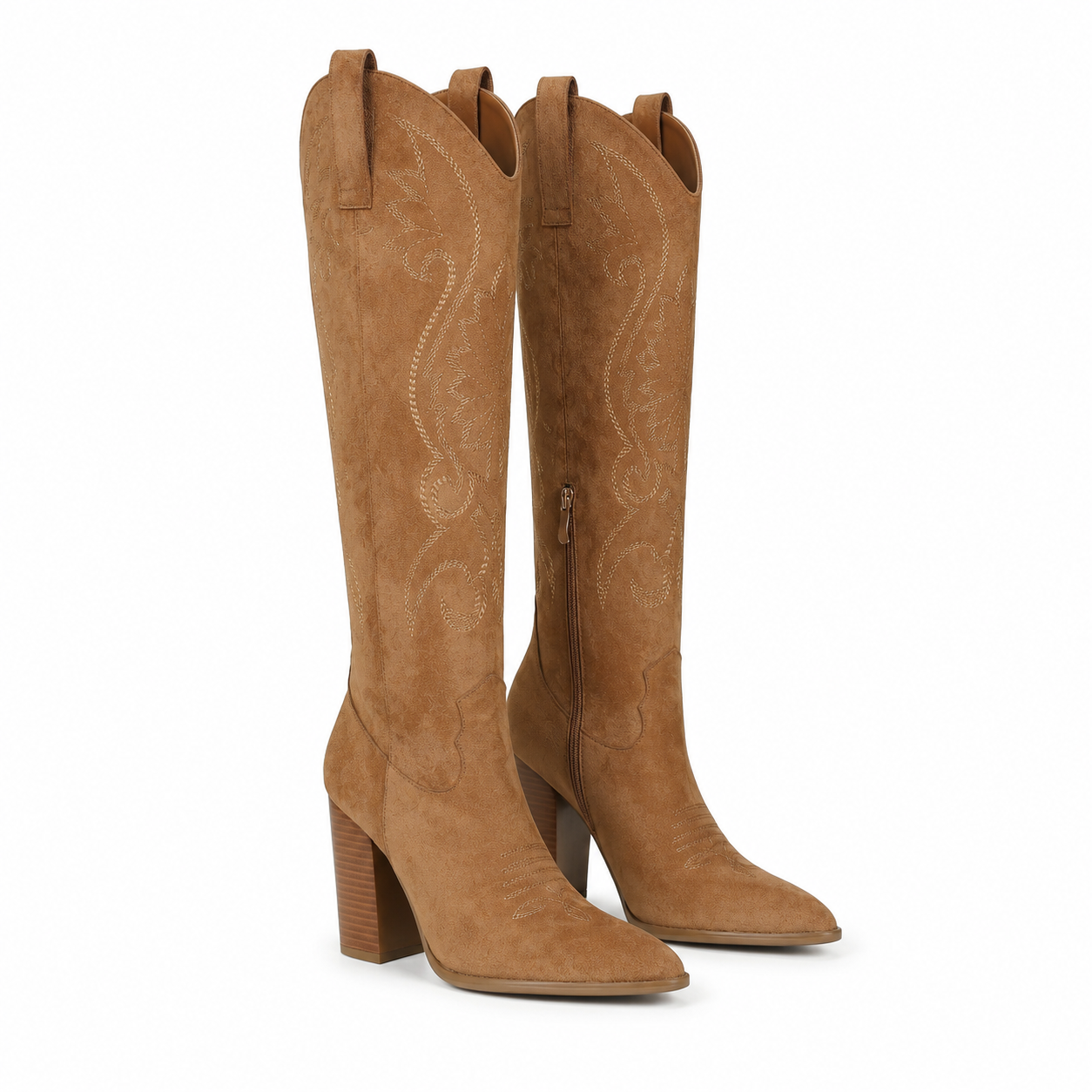 Brown Suede Women's Pointed-Toe Square-Heel Faux Leather Knee-High Western Boots
