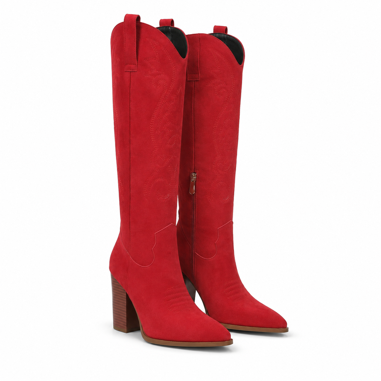 Red Suede Women's Pointed-Toe Square-Heel Faux Leather Knee-High Western Boots