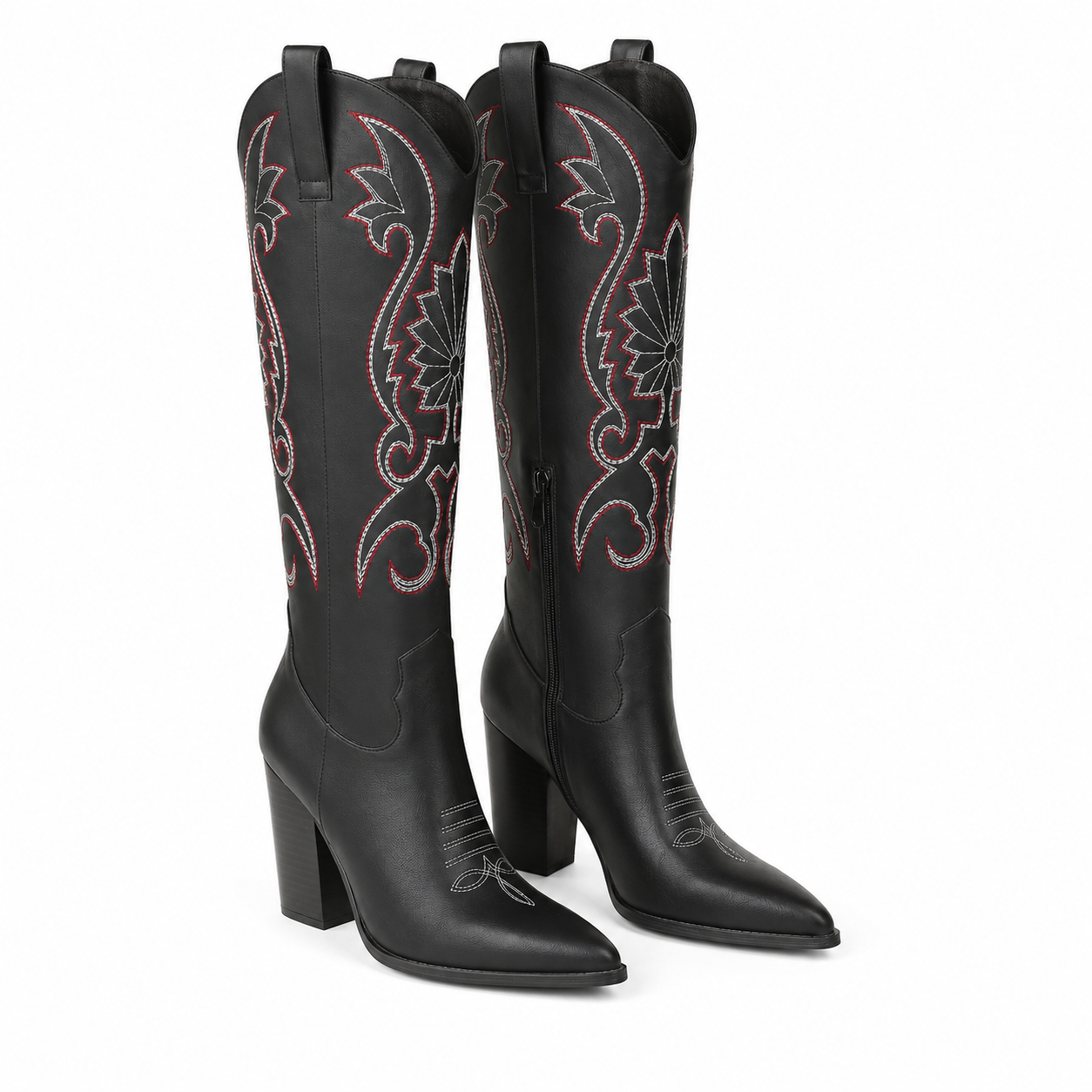 Deep Black Women's Pointed-Toe Square-Heel Faux Leather Knee-High Western Boots