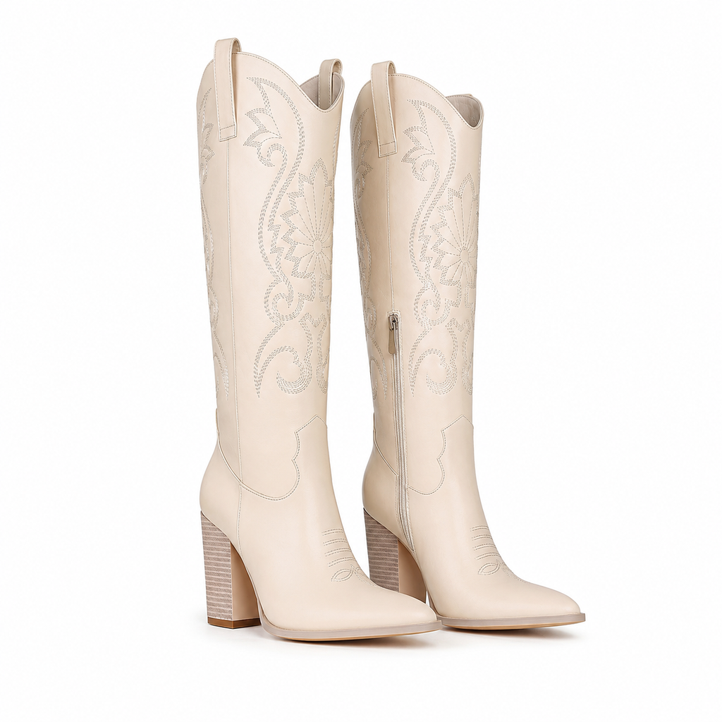 Cream Ivory Women's Pointed-Toe Square-Heel Faux Leather Knee-High Western Boots