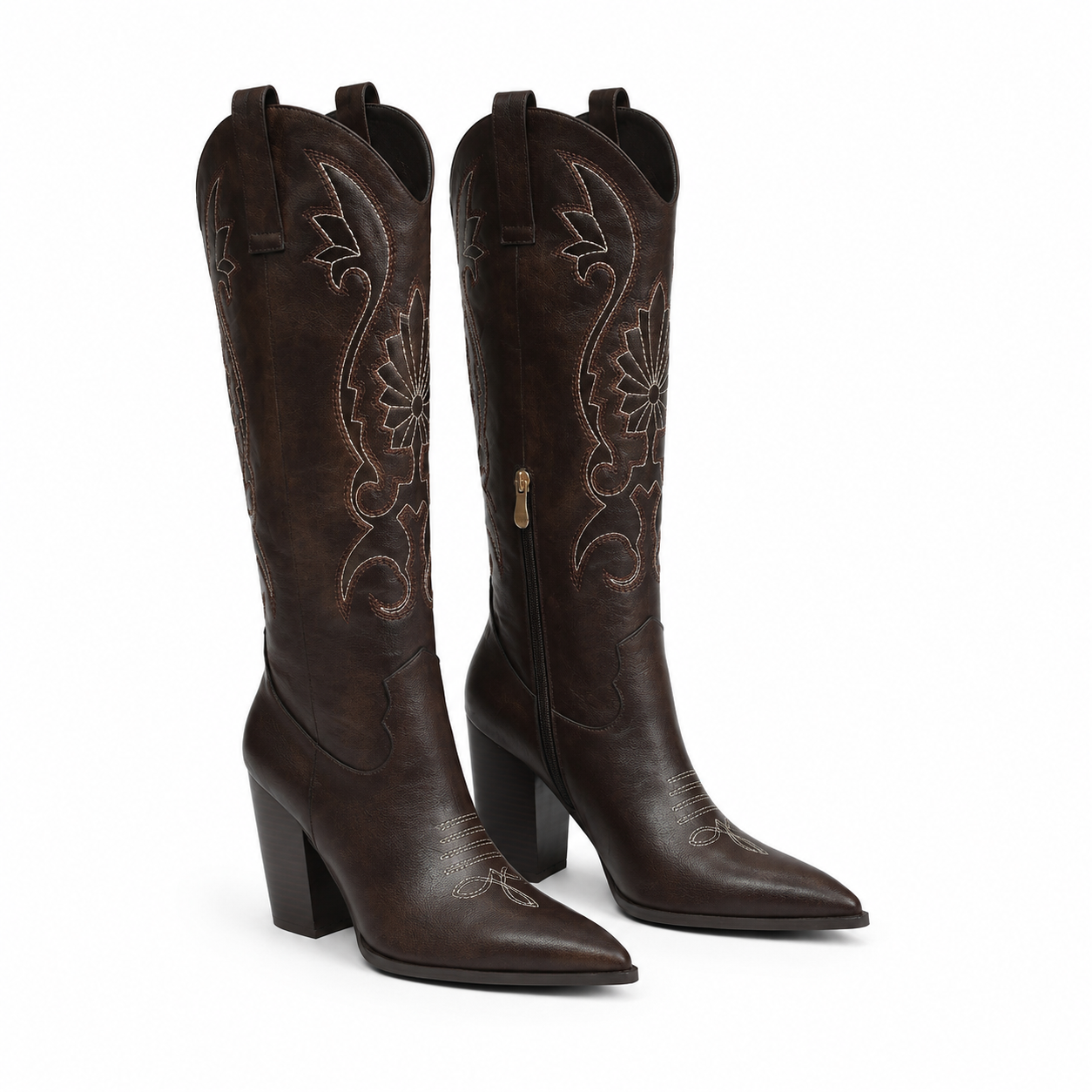 Rich Chocolate Women's Pointed-Toe Square-Heel Faux Leather Knee-High Western Boots