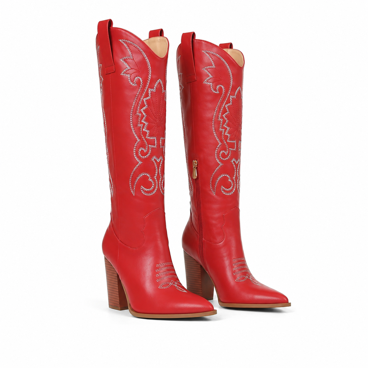 Deep Red Women's Pointed-Toe Square-Heel Faux Leather Knee-High Western Boots