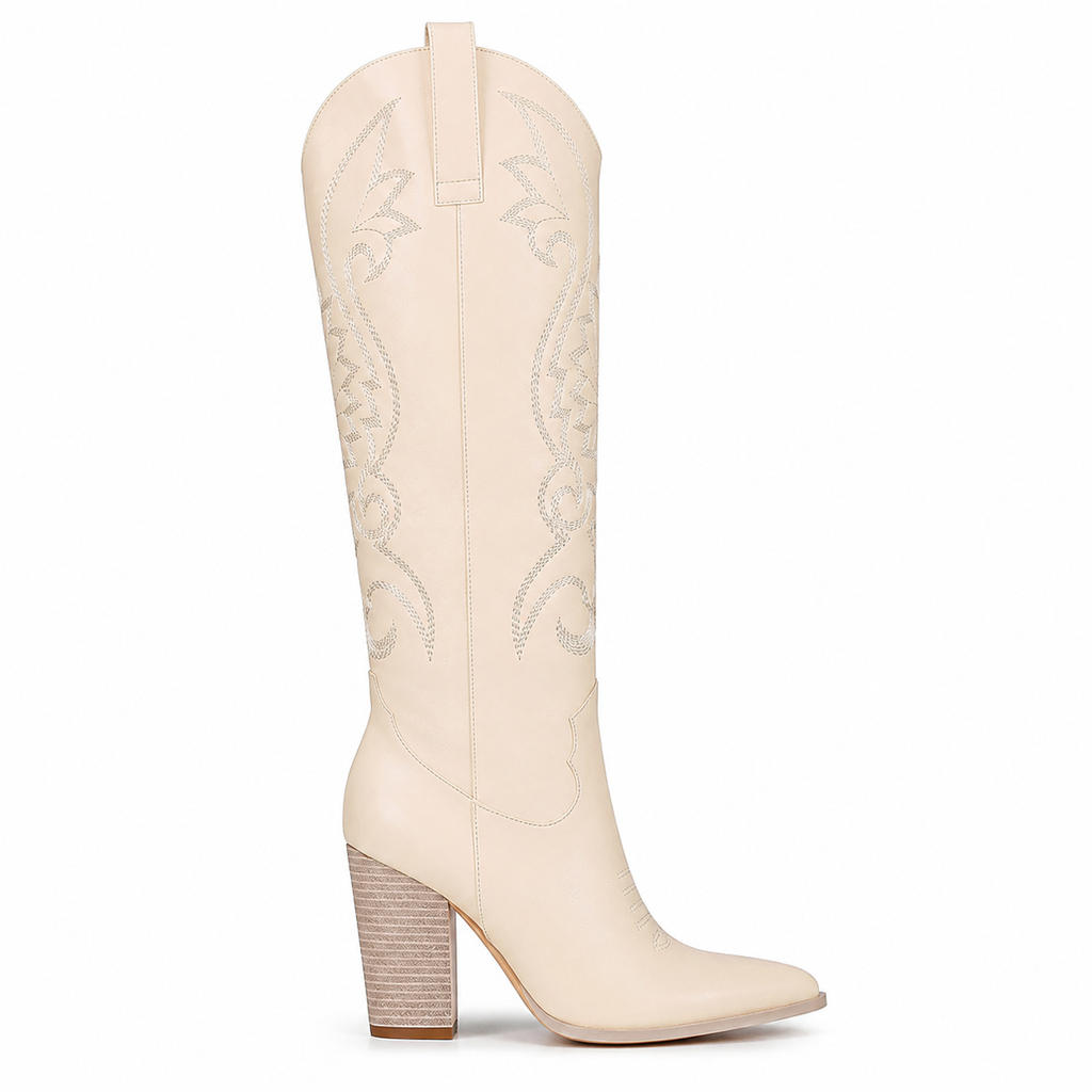 Cream Ivory Women's Pointed-Toe Square-Heel Faux Leather Knee-High Western Boots side view