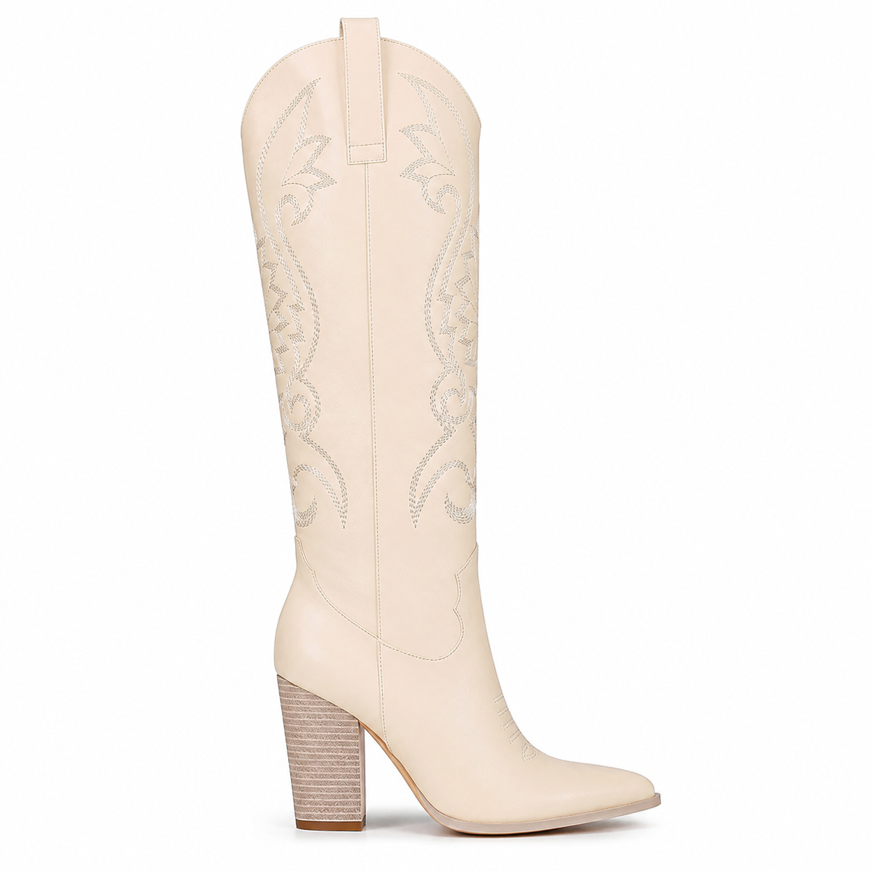 Cream Ivory Women's Pointed-Toe Square-Heel Faux Leather Knee-High Western Boots side view