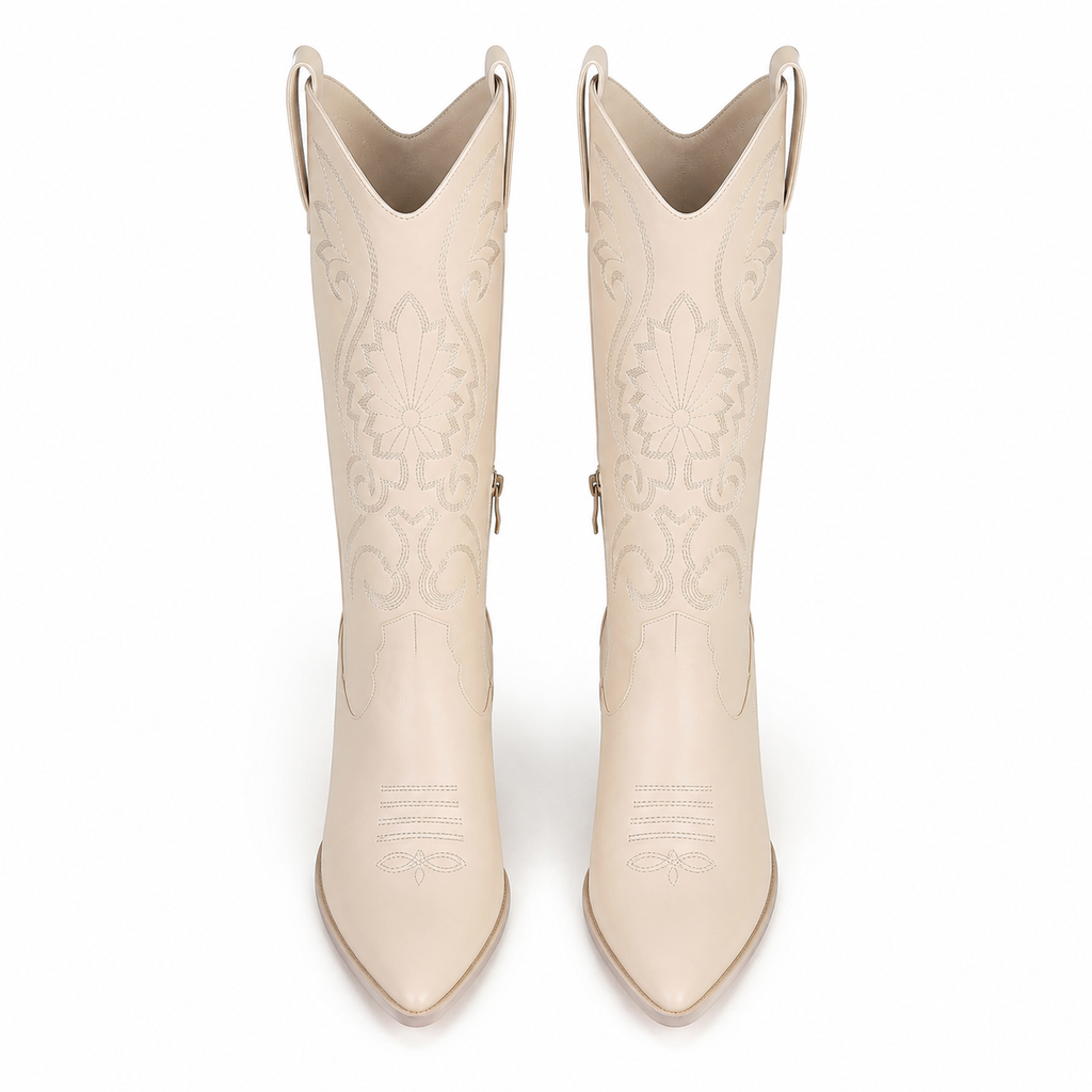 Cream Ivory Women's Pointed-Toe Square-Heel Faux Leather Knee-High Western Boots top view