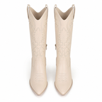 Cream Ivory Women's Pointed-Toe Square-Heel Faux Leather Knee-High Western Boots top view