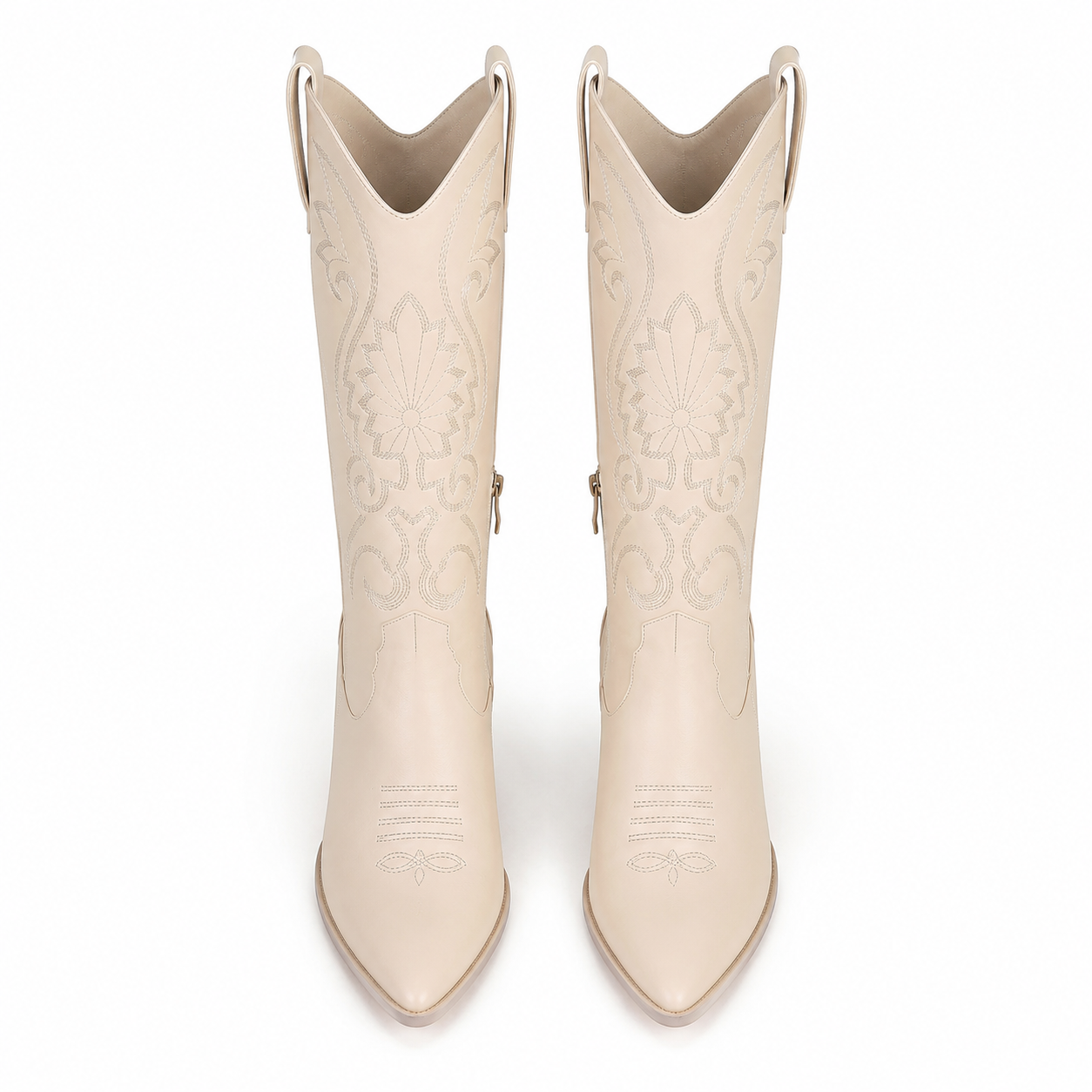 Cream Ivory Women's Pointed-Toe Square-Heel Faux Leather Knee-High Western Boots top view
