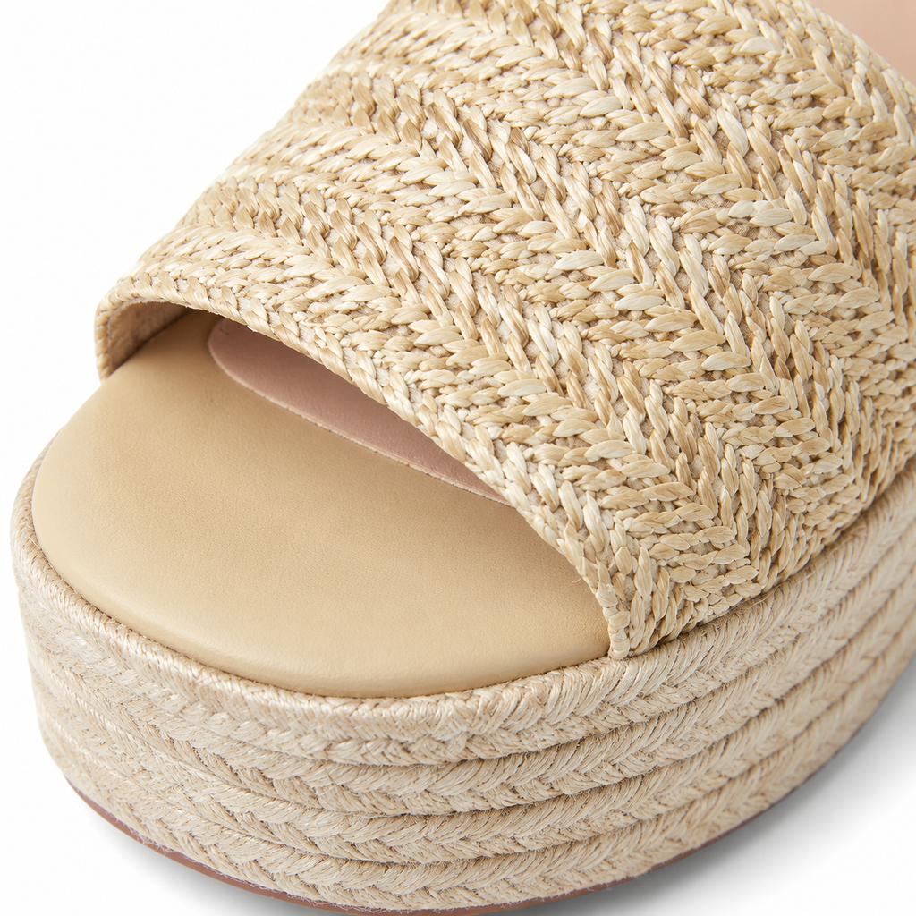 Soft Apricot Women's Open-Toe Raffia Slip-On Wedge Sandals close-up detail