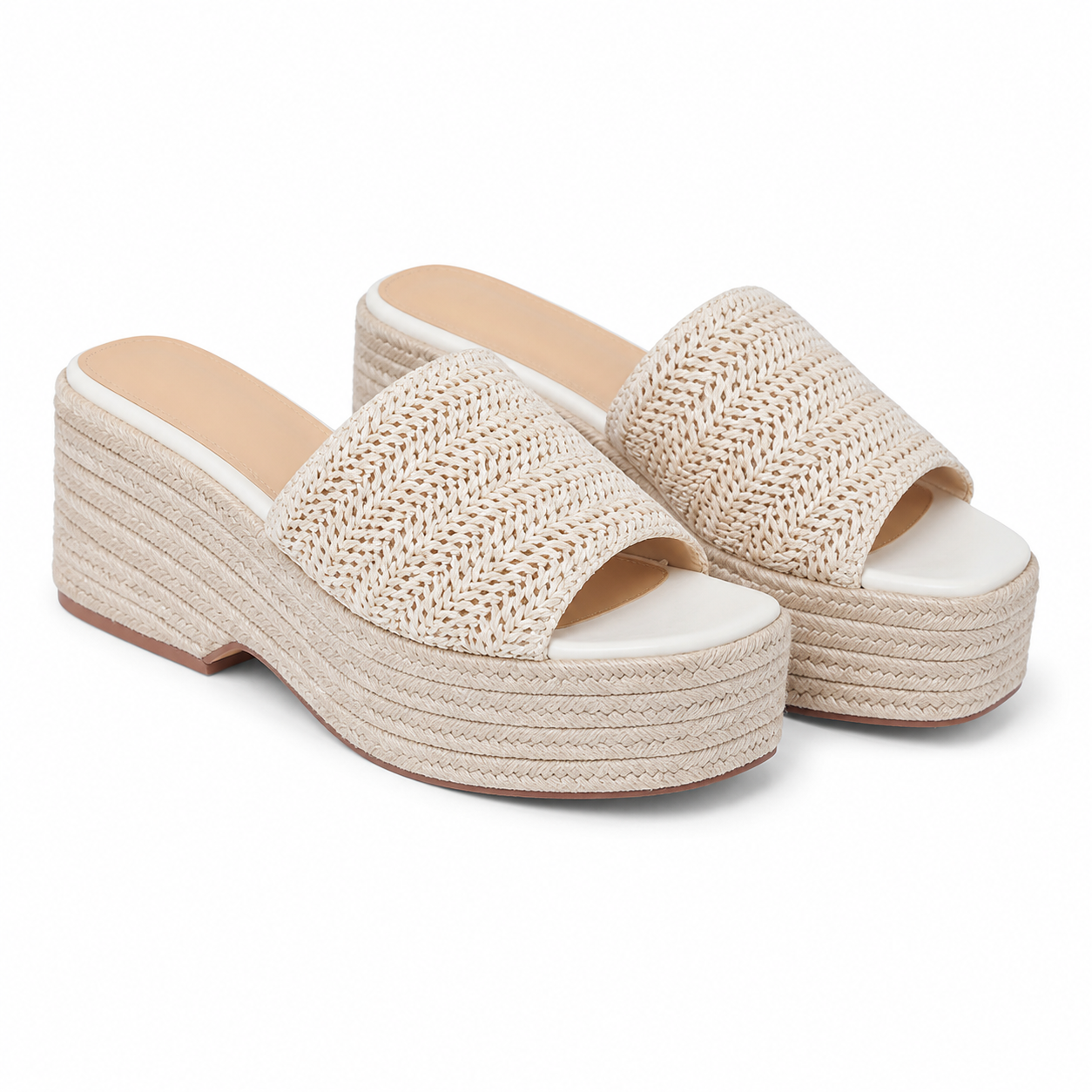 Warm Beige Women's Open-Toe Raffia Slip-On Wedge Sandals