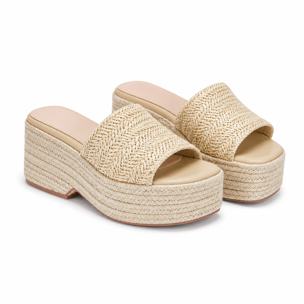 Soft Apricot Women's Open-Toe Raffia Slip-On Wedge Sandals